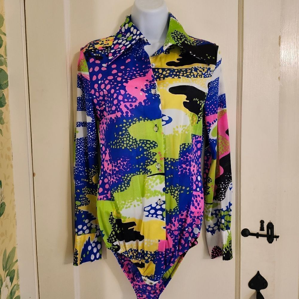 Vtg. Mint '60's Lady Lynne Abstract Mod Print Bodysuit Sz.Small with Union Label